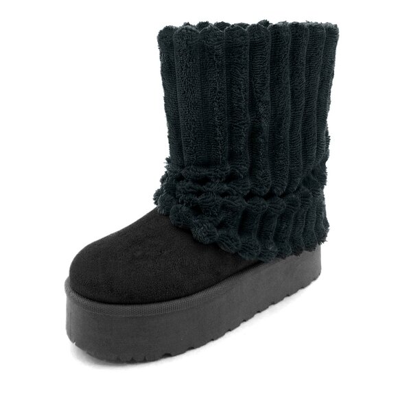 Women Winter BLACK Fuzzy Faux Fur Lined Calf High Boots 2 inch Sole - Picture 5 of 6